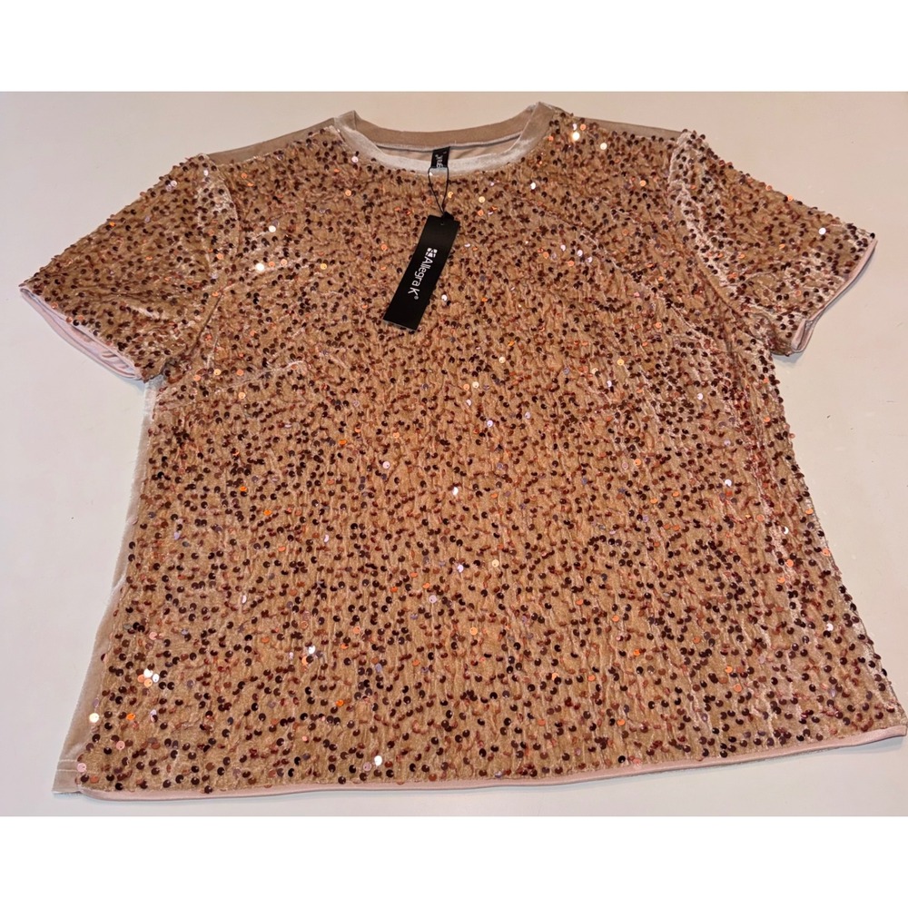 Allegra K Women's Velvet Sequin Short Sleeve Party Top Rose Gold Large NWT